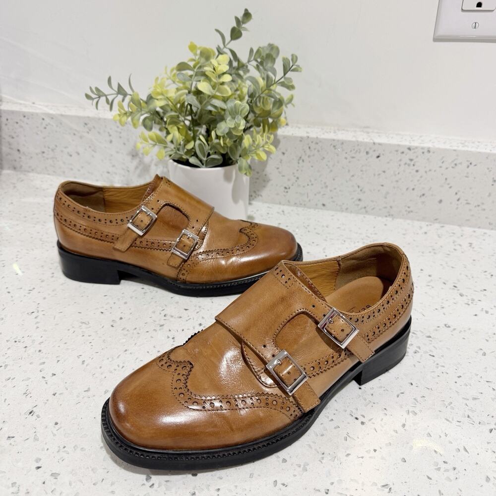 Beau TODAY Women's Vintage Monk Strap Brogue Leather Loafers Size 7
